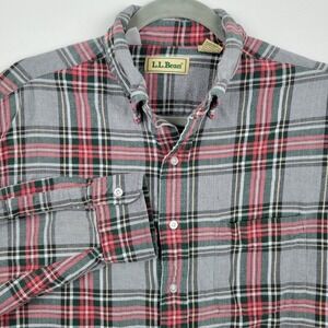 LL Bean Mens L Flannel Shirt Gray Red Plaid Long Sleeve Button Up Casual Y2K Vtg